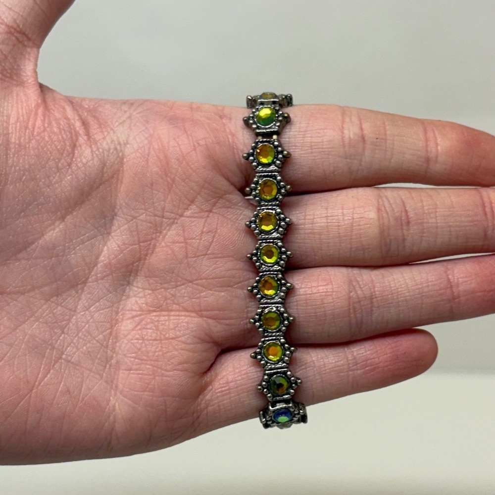 Vintage Style Iridescent Green Yellow Rhinestone Scalloped Bracelet